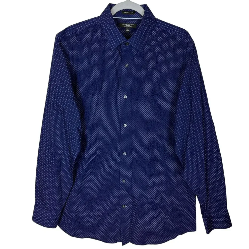 Banana Republic Shirt Men's Large Blue Cotton Polka Dot Grant Slim Fit Button-Up